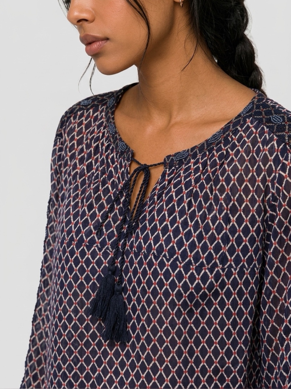 Lucky Brand Boho Geometric Diamond
Tassel Sheer Peasant Blouse - Size XL. EUC